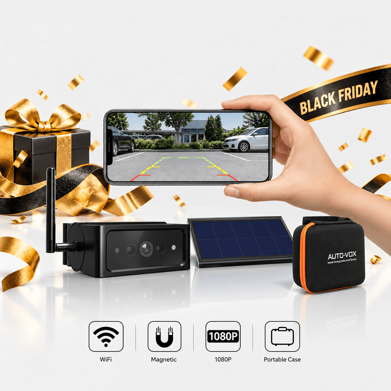 S4W : caméra de recul solaire Wi-Fi à fixation magnétique pour iPhone et Android