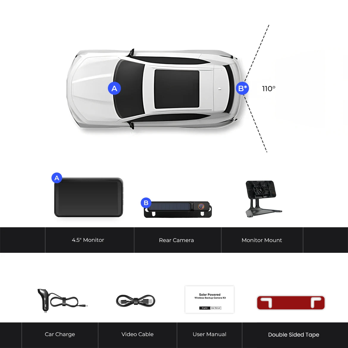 Solar3A Plus 1080P wiederaufladbare kabellose Rückfahrkamera mit Dual-Channel-Unterstützung