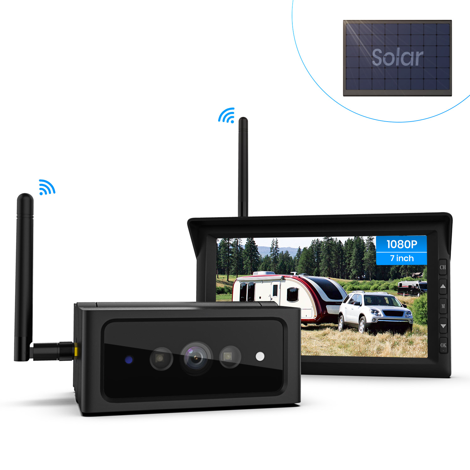 AUTO-VOX Solar4 Solar Wireless Rückfahrkamera Set, Spilt 7 Zoll Monitor,2 Kamera-Kanäle für RV/Truck/